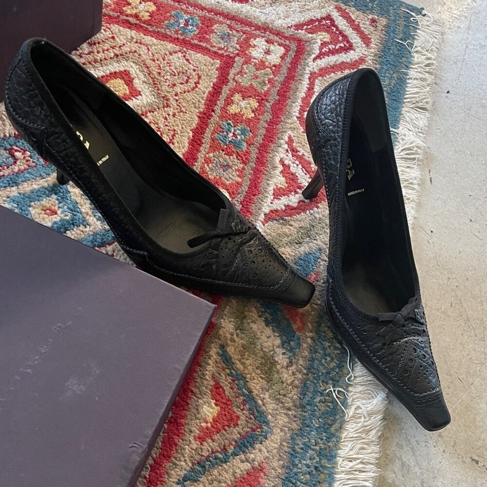 Prada 2003 archival low heel square toe pumps brogue heels leather shoes 38 - Picture 1 of 15